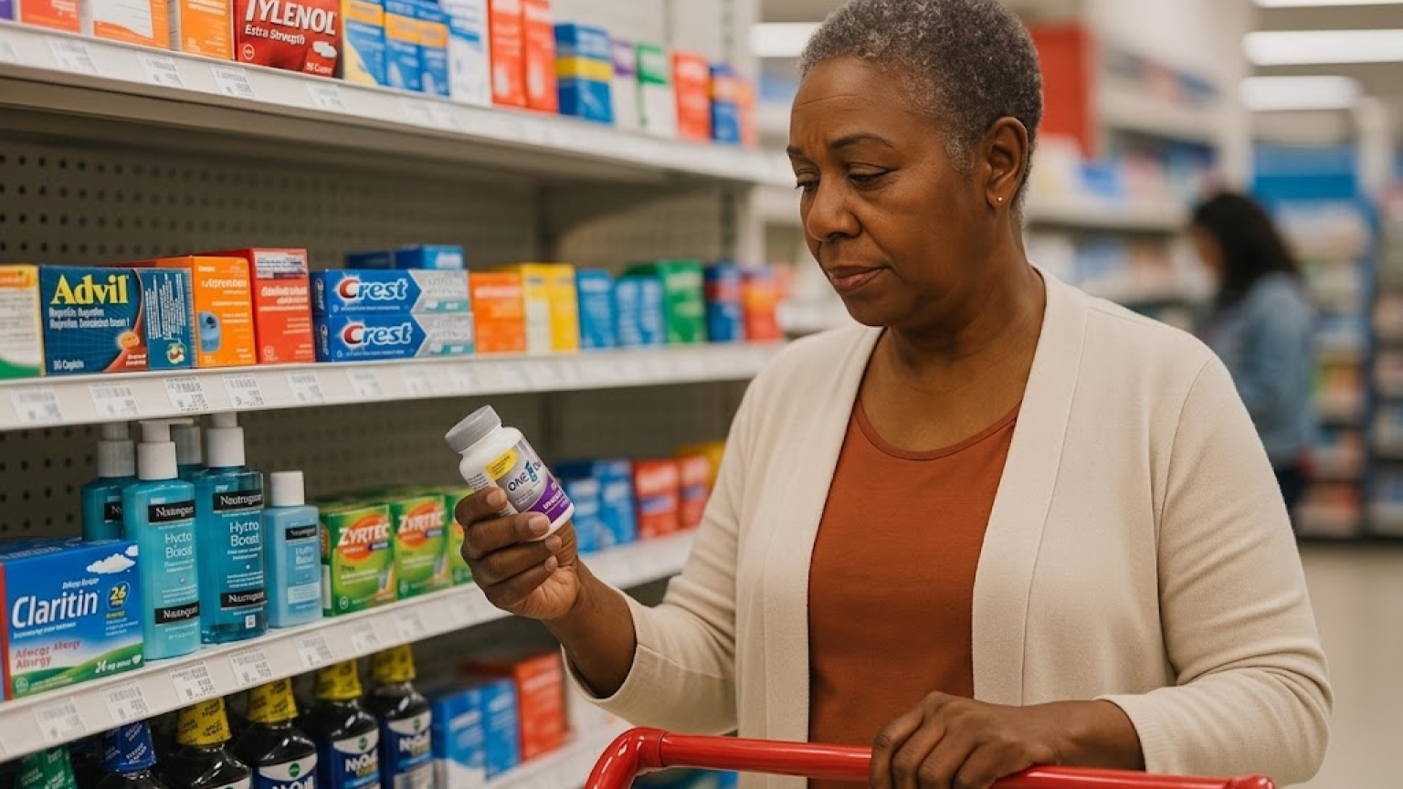 Millie, a 66-year-old Medicare Advantage cardholder, examining an over-the-counter product in a pharmacy aisle.