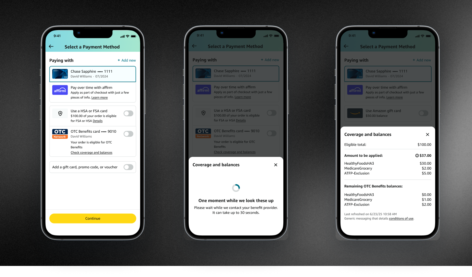Checkout sequence in three steps: the payment selection page with the OTC Benefits card and a "Check coverage and balances" link, the "One moment while we look these up" interstitial, and the coverage-and-balances bottom sheet showing eligible total, amount applied per purse, and remaining balances.